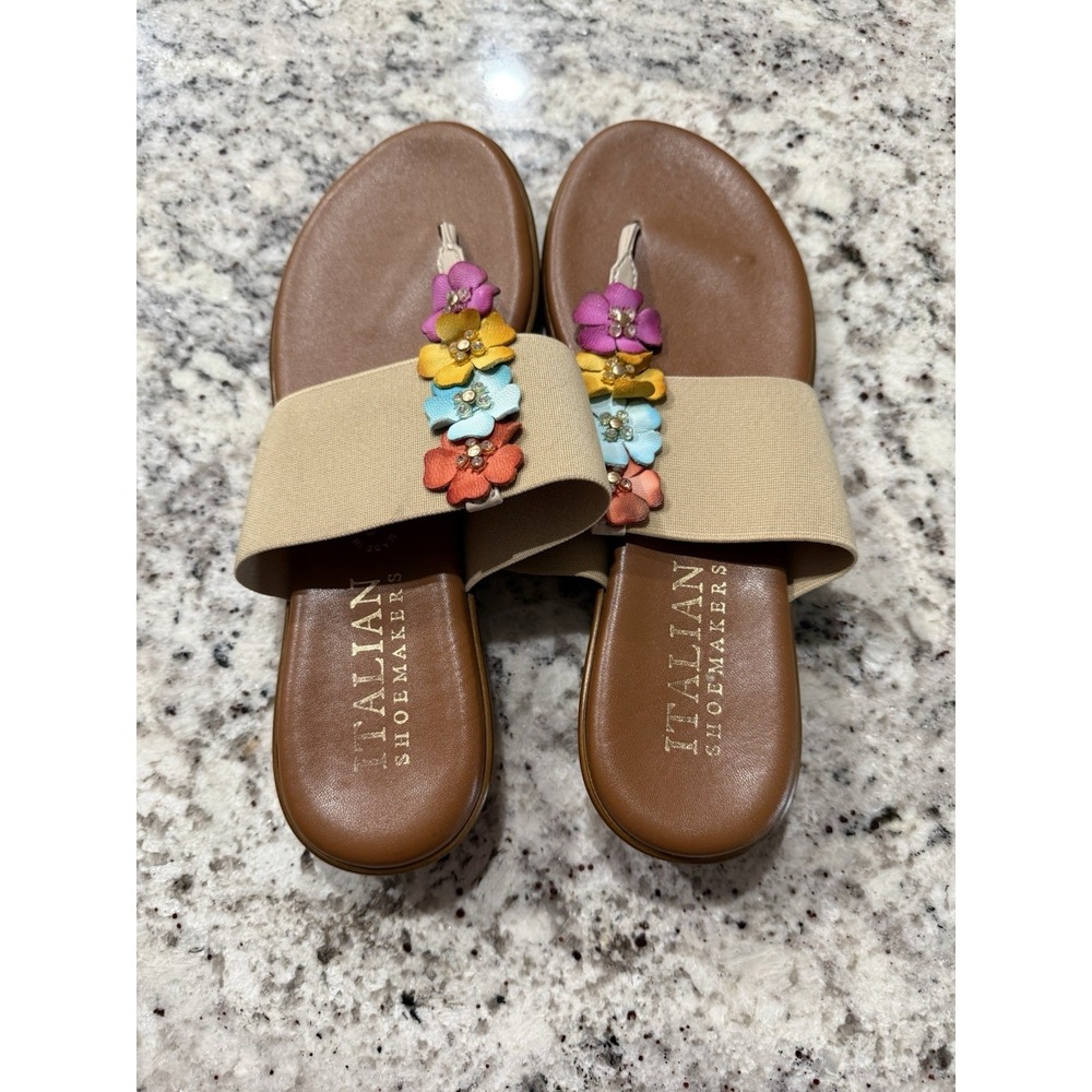Italian Shoemakers Julliet Wedge Sandals Tan Stretch W/Flowers, Size: 9.5